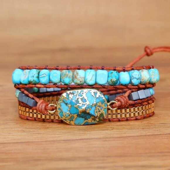 Western Style Blue Turquoise Leather Wrap Gold Tone Bracelet Southwest Boho - Picture 4 of 4